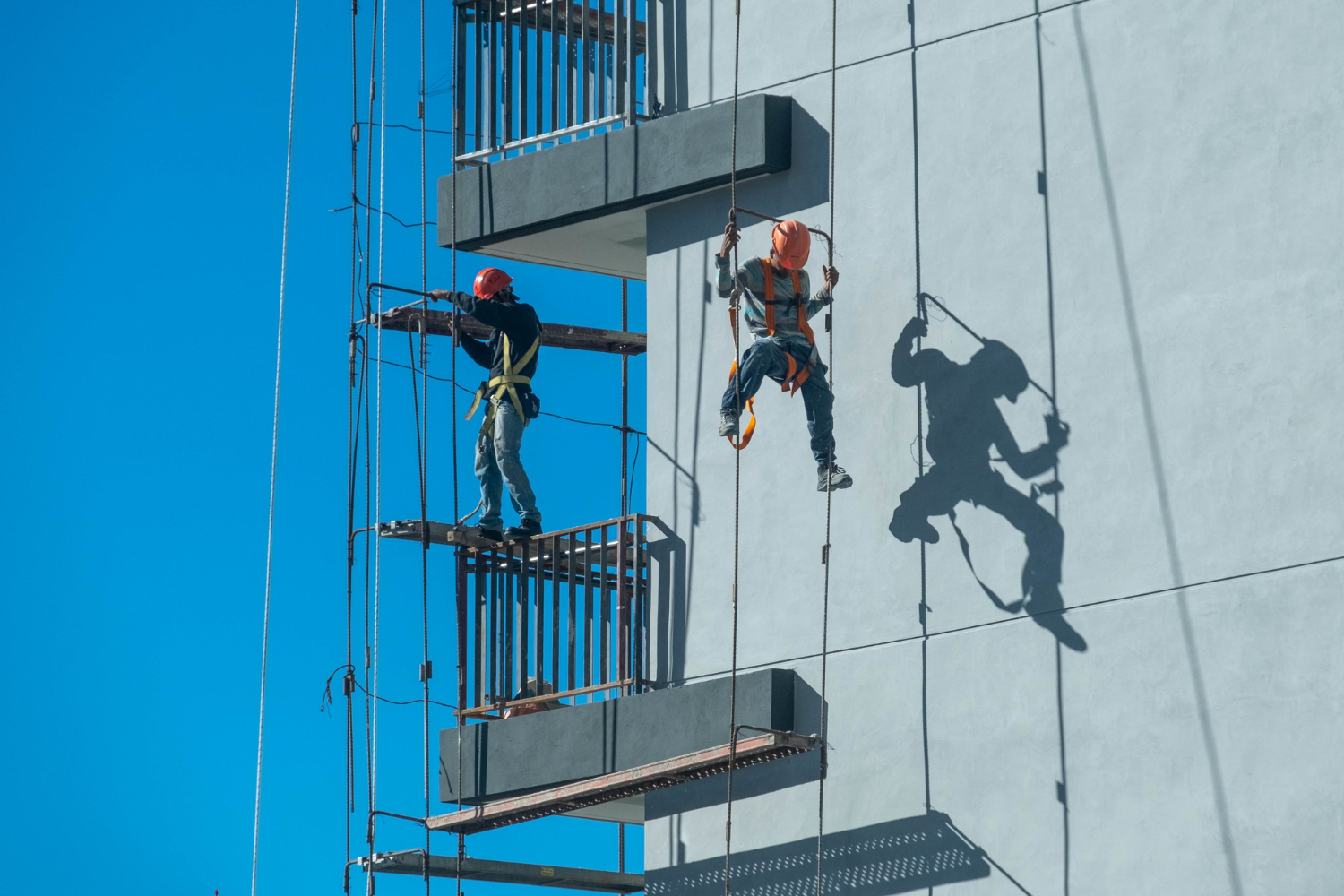 Ouvriers en hauteur sur façade moderne avec harnais, chantier opusbati à Toulouse