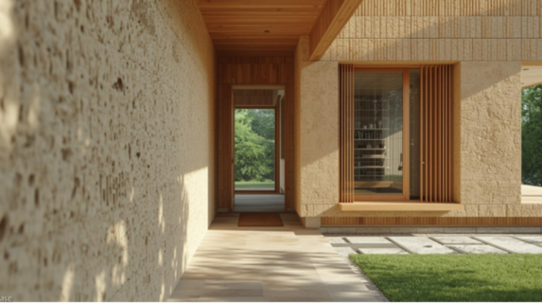 Entrée de maison moderne en pierre et bois avec auvent et jardin, réalisation opusbati à Toulouse