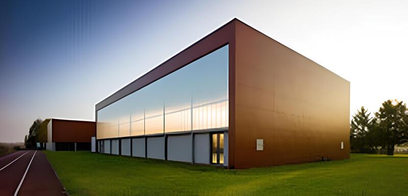 Bâtiment moderne opusbati à Toulouse au coucher du soleil, grande façade vitrée et pelouse verte soignée