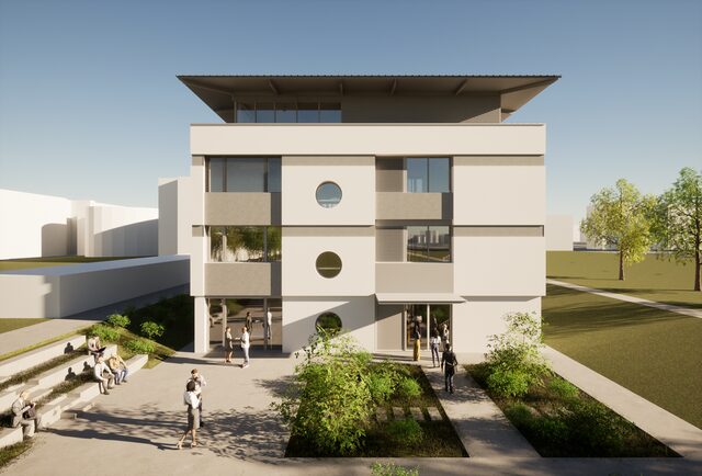 Résidence moderne opusbati à Toulouse avec façade blanche, grandes fenêtres et jardin paysager animé